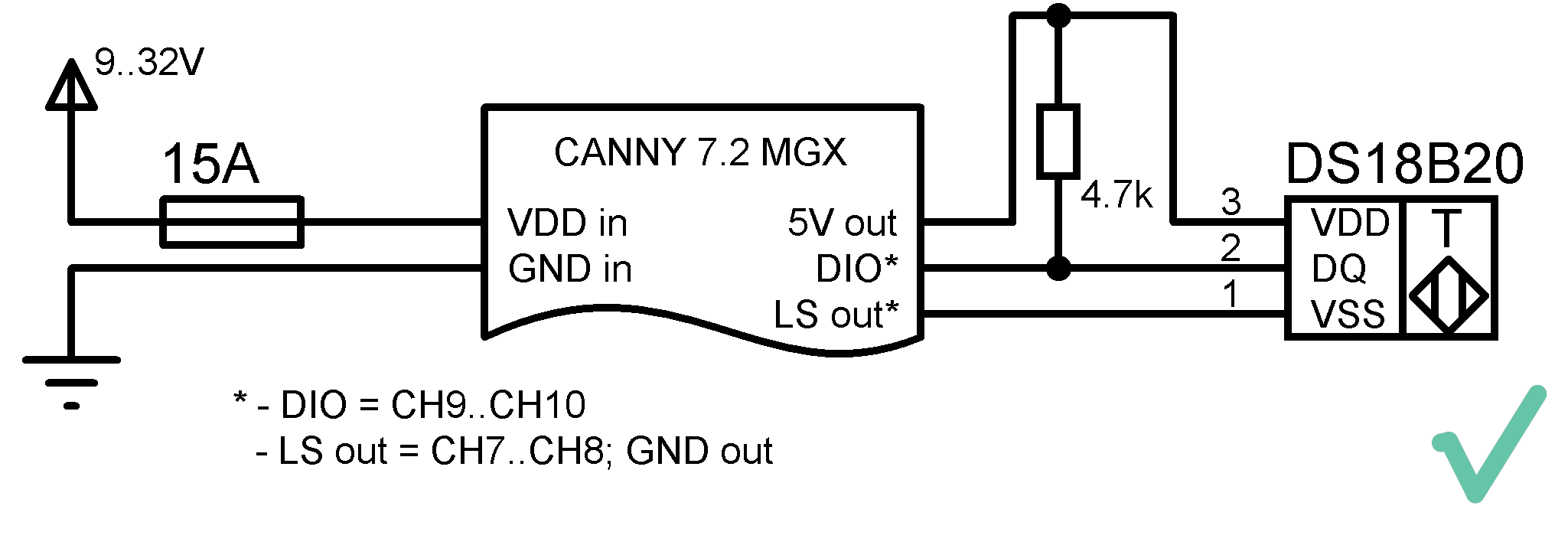Допустимая схема подключения термодатчика Dallas 1-Wire DS18B20